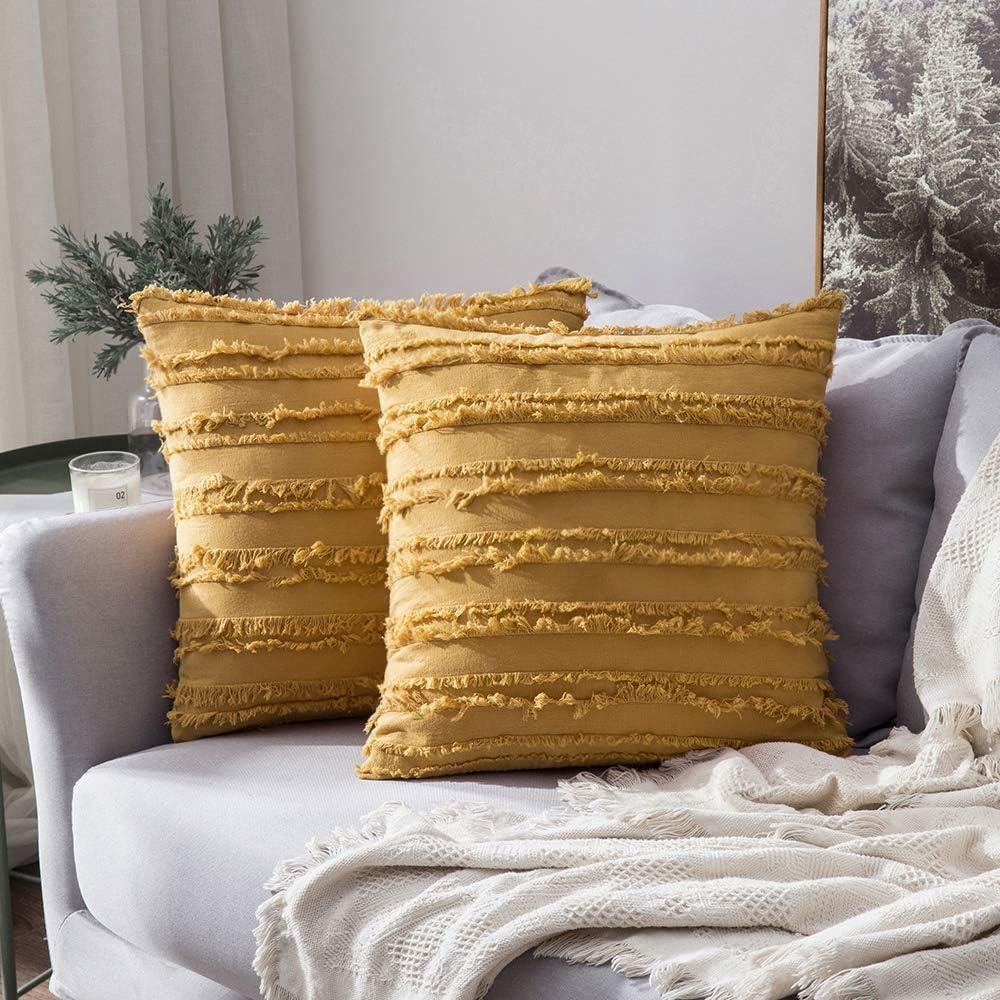 imageMIULEE Set of 2 Decorative Boho Throw Pillow Covers Linen Striped Jacquard Pattern Cushion Covers for Sofa Couch Living Room Bedroom 18x18 Inch RedYellow