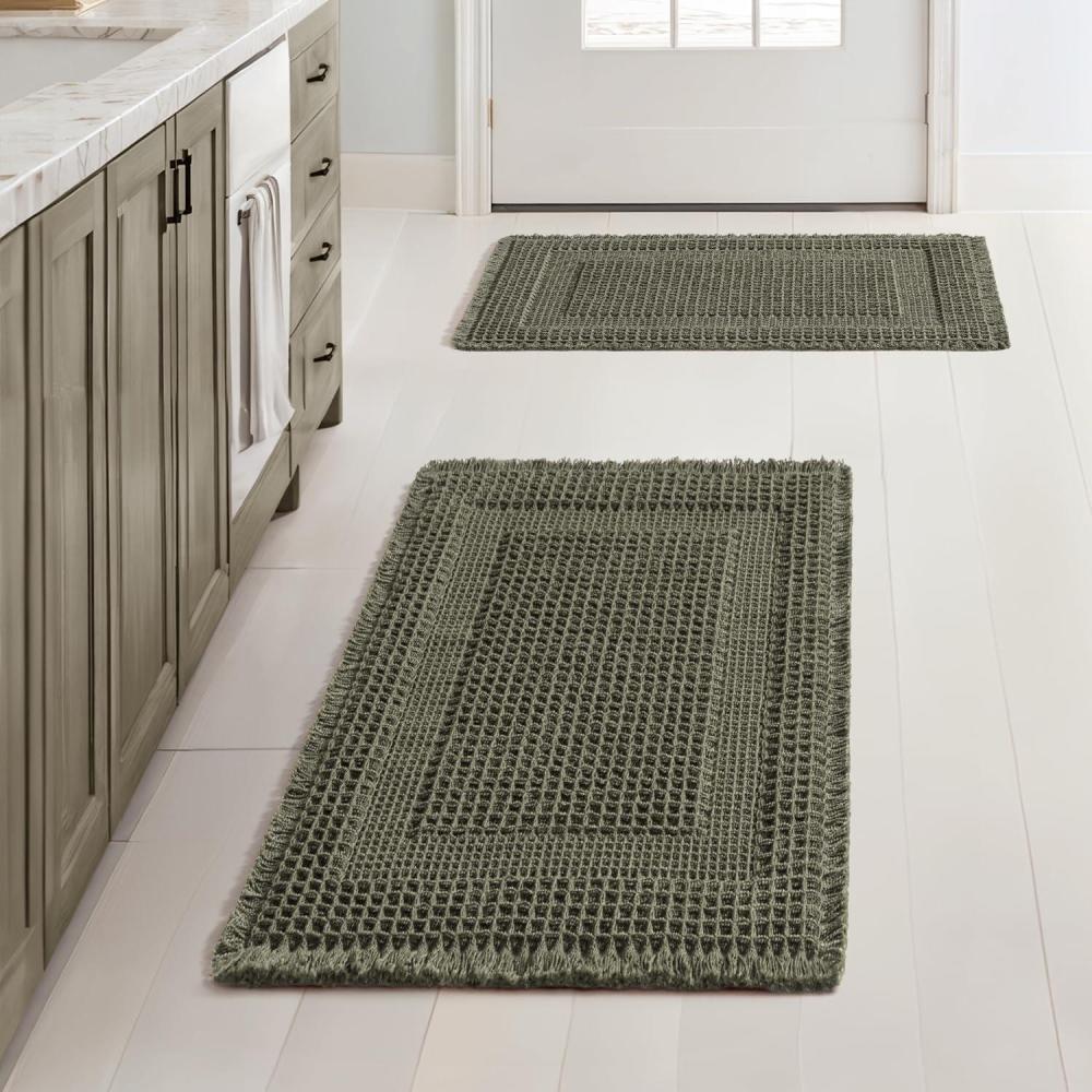 imageMIULEE Set of 2 Waffle Bathroom Rugs Boho Bath Rug Super Absorbent Non Slip Washable Ultra Soft Rubber Backed Shower Bath Mats for Floor Tub Shower Looped Design Terracotta 18x30 InchGreen