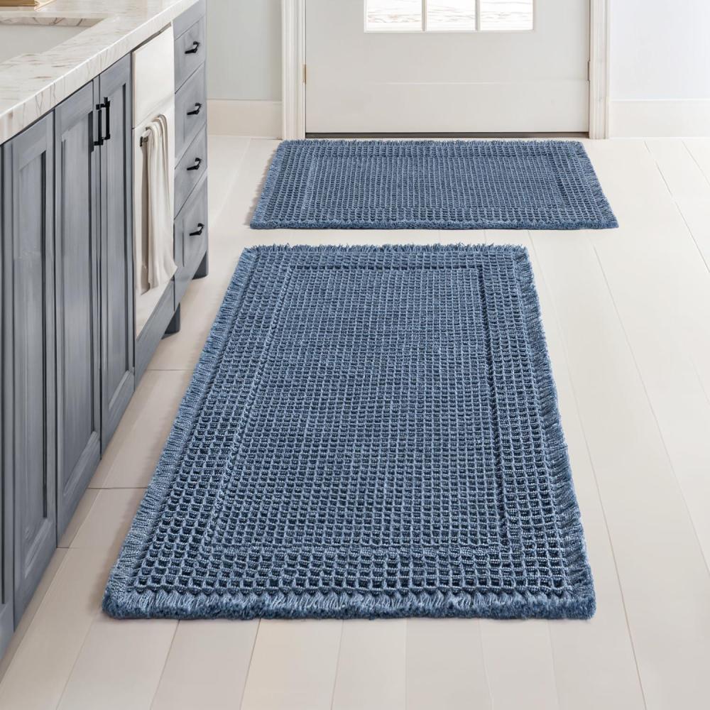 imageMIULEE Set of 2 Waffle Bathroom Rugs Boho Bath Rugs Non Slip Washable Super Absorbent Bath Mats Ultra Soft Rubber Backed Shower Mats for Bathroom Floor Tub and Shower Chocolate 18x30 InchBlue