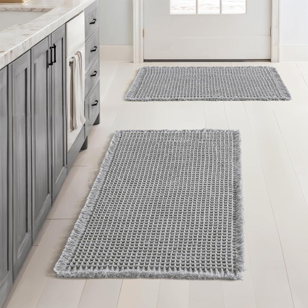 imageMIULEE Set of 2 Waffle Bathroom Rugs Boho Bath Rugs Non Slip Washable Super Absorbent Bath Mats Ultra Soft Rubber Backed Shower Mats for Bathroom Floor Tub and Shower Chocolate 18x30 InchLight Grey