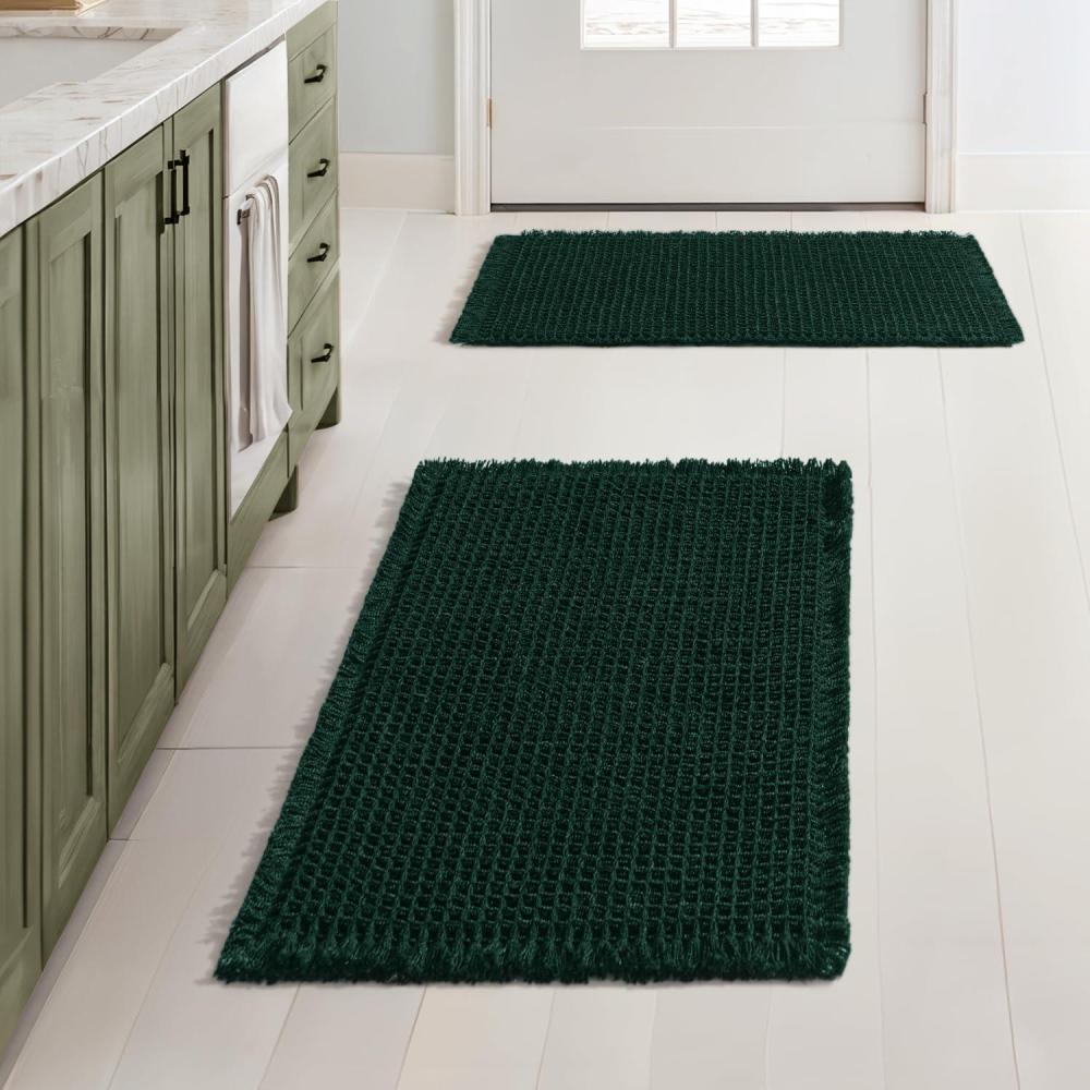 imageMIULEE Set of 2 Waffle Bathroom Rugs Boho Bath Rugs Non Slip Washable Super Absorbent Bath Mats Ultra Soft Rubber Backed Shower Mats for Bathroom Floor Tub and Shower Chocolate 18x30 InchDark Green