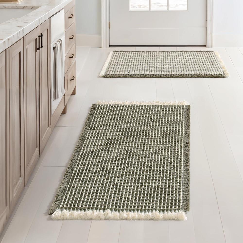 imageMIULEE Set of 2 Waffle Bathroom Rugs Boho Bath Rugs Non Slip Washable Super Absorbent Bath Mats Ultra Soft Rubber Backed Shower Mats for Bathroom Floor Tub and Shower Chocolate 18x30 InchGreen Cream