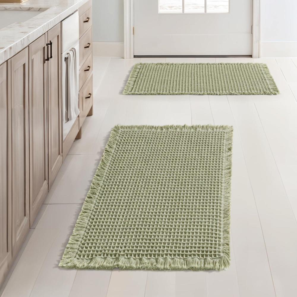 imageMIULEE Set of 2 Waffle Bathroom Rugs Boho Bath Rugs Non Slip Washable Super Absorbent Bath Mats Ultra Soft Rubber Backed Shower Mats for Bathroom Floor Tub and Shower Chocolate 18x30 InchSage Green