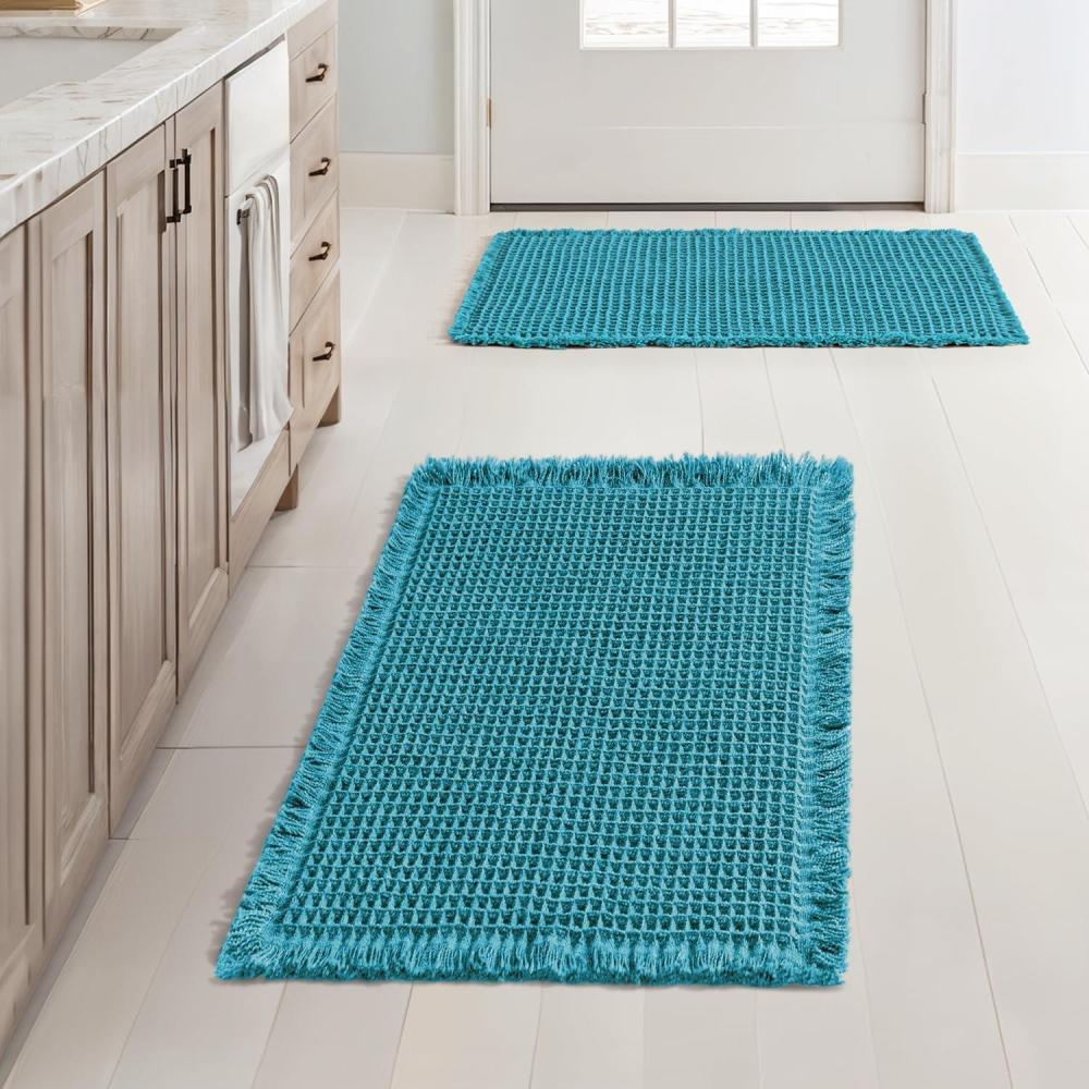 imageMIULEE Set of 2 Waffle Bathroom Rugs Boho Bath Rugs Non Slip Washable Super Absorbent Bath Mats Ultra Soft Rubber Backed Shower Mats for Bathroom Floor Tub and Shower Chocolate 18x30 InchTeal