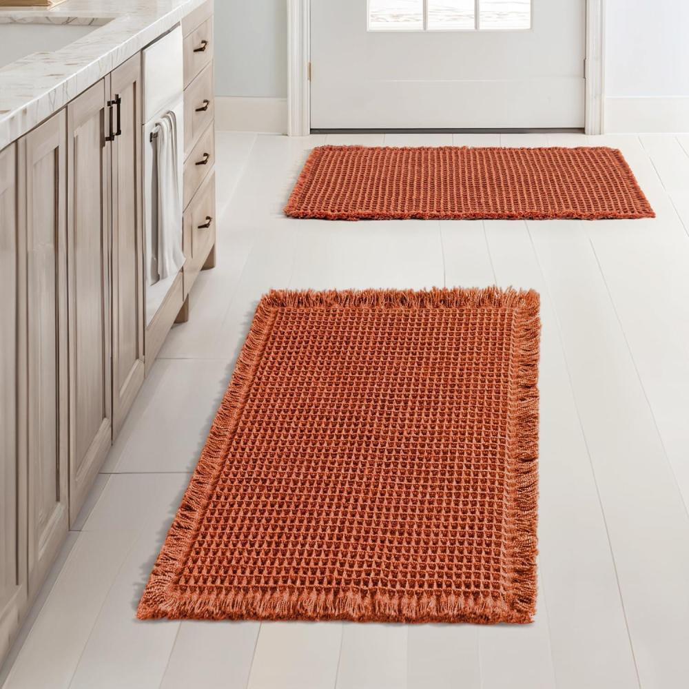 imageMIULEE Set of 2 Waffle Bathroom Rugs Boho Bath Rugs Non Slip Washable Super Absorbent Bath Mats Ultra Soft Rubber Backed Shower Mats for Bathroom Floor Tub and Shower Chocolate 18x30 InchOrange
