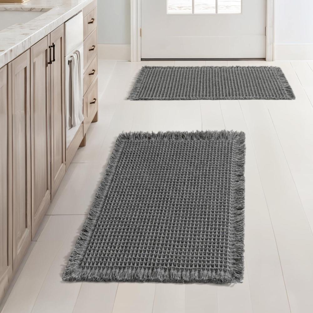 imageMIULEE Set of 2 Waffle Bathroom Rugs Boho Bath Rugs Non Slip Washable Super Absorbent Bath Mats Ultra Soft Rubber Backed Shower Mats for Bathroom Floor Tub and Shower Chocolate 18x30 InchDark Grey