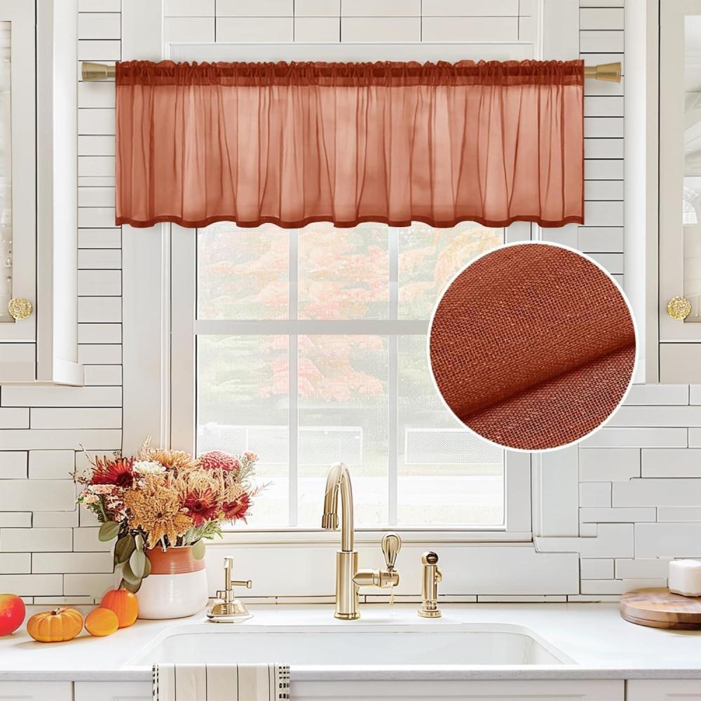 imageMIULEE Solid Burgundy Kitchen Sheer Valance for Christmas Linen Look Window Curtain Living Room Windows Voile Valance Rod Pocket 1 Panels 60quot W x 18quot L Burgundy RedTerracotta