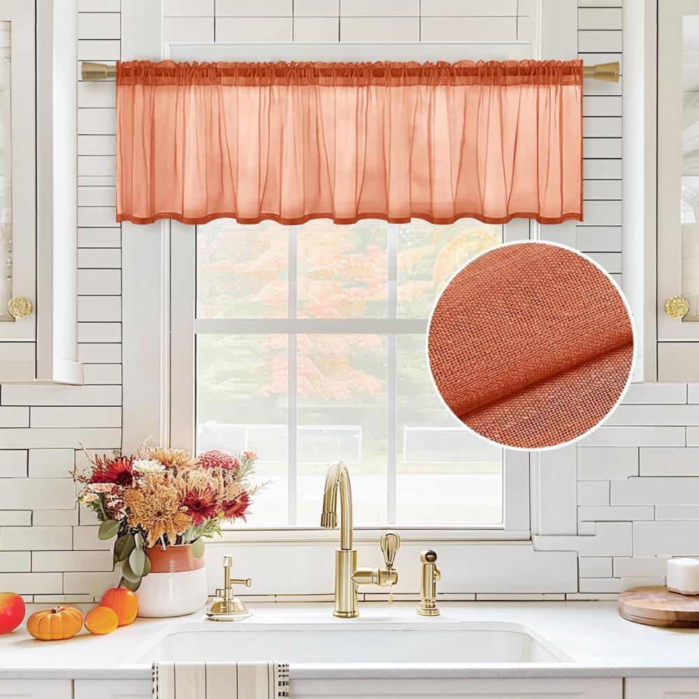 imageMIULEE Solid Burgundy Kitchen Sheer Valance for Christmas Linen Look Window Curtain Living Room Windows Voile Valance Rod Pocket 1 Panels 60quot W x 18quot L Burgundy RedBurnt Orange