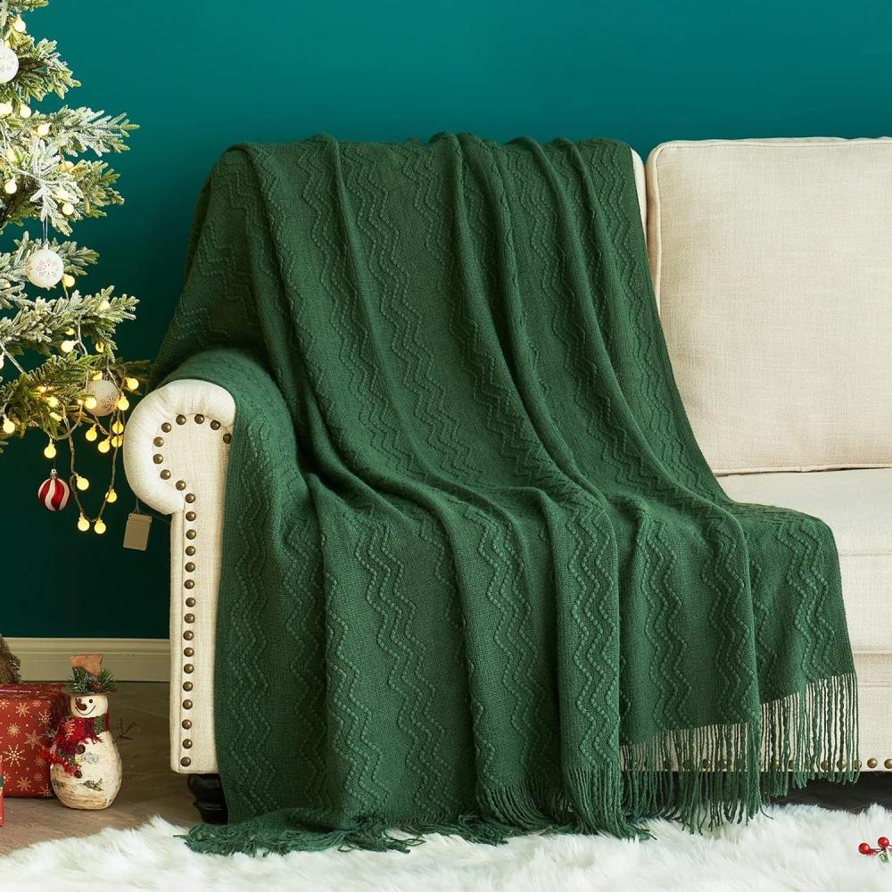 imageMIULEE Tan Taupe Knitted Throw Blanket for Couch Boho Textured Cozy Woven Blanket with Tassels for Sofa Chair Bed Living Room Farmhouse Home Decor Acrylic Wave Pattern 50quotx60quotDark Green