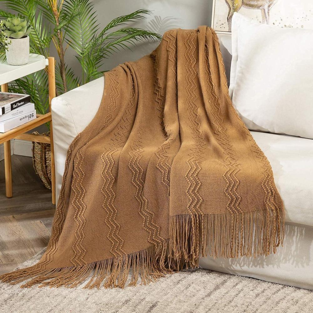 imageMIULEE Tan Taupe Knitted Throw Blanket for Couch Boho Textured Cozy Woven Blanket with Tassels for Sofa Chair Bed Living Room Farmhouse Home Decor Acrylic Wave Pattern 50quotx60quotBrown