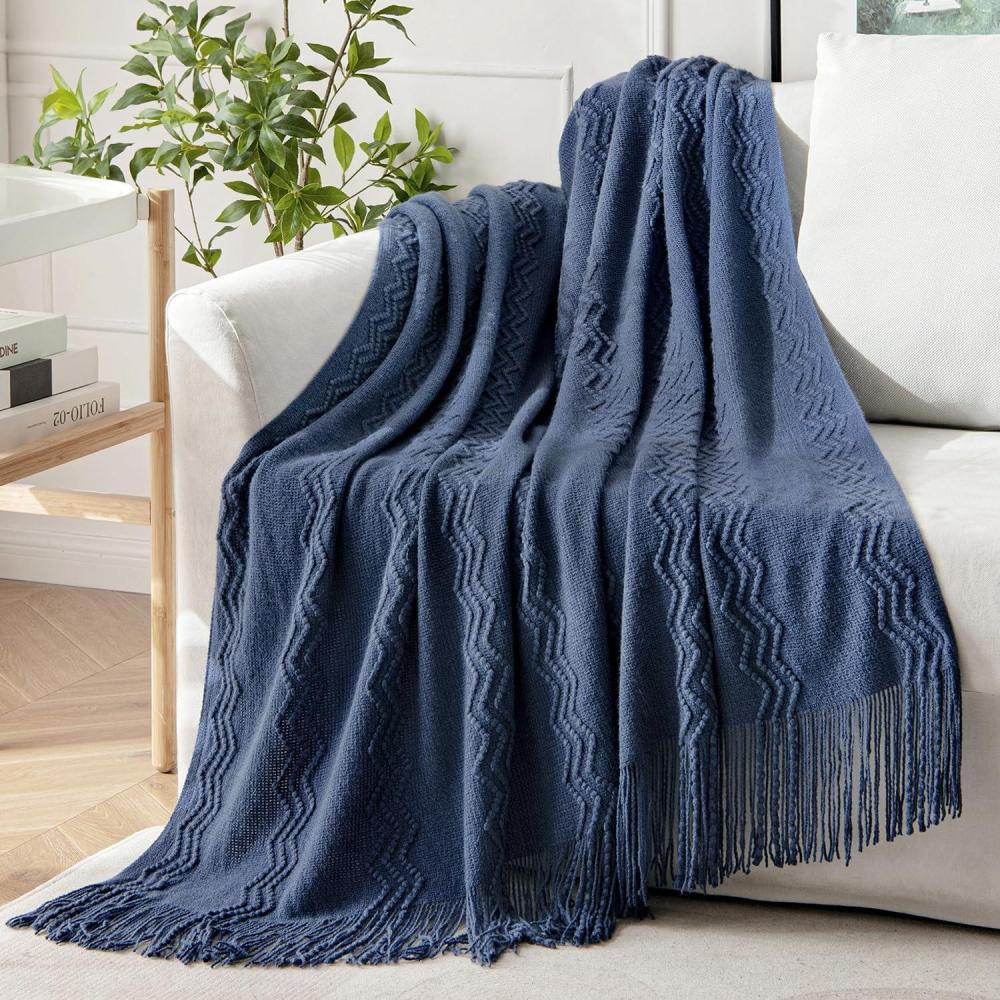 imageMIULEE Tan Taupe Knitted Throw Blanket for Couch Boho Textured Cozy Woven Blanket with Tassels for Sofa Chair Bed Living Room Farmhouse Home Decor Acrylic Wave Pattern 50quotx60quotNavy Blue