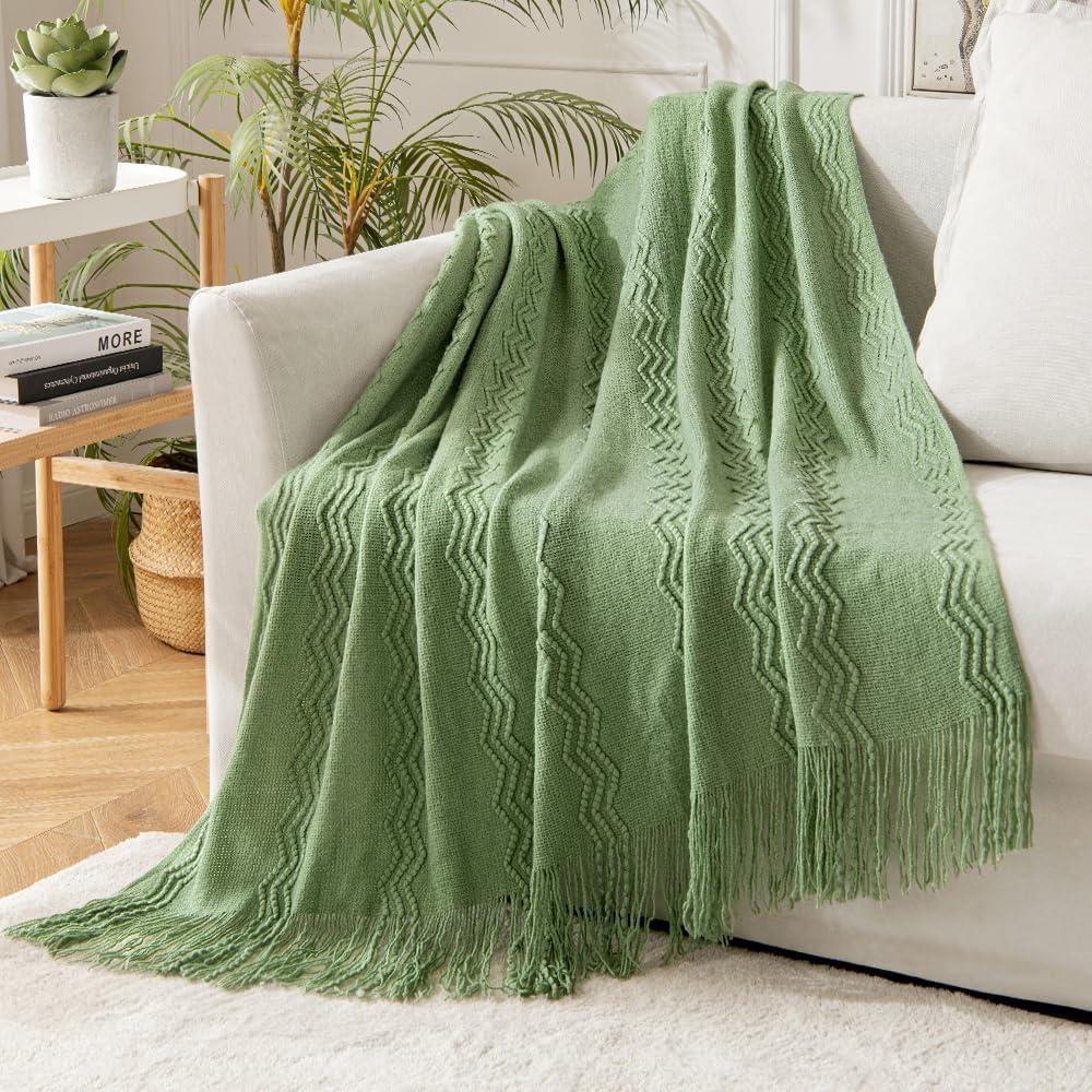 imageMIULEE Tan Taupe Knitted Throw Blanket for Couch Boho Textured Cozy Woven Blanket with Tassels for Sofa Chair Bed Living Room Farmhouse Home Decor Acrylic Wave Pattern 50quotx60quotSage Green
