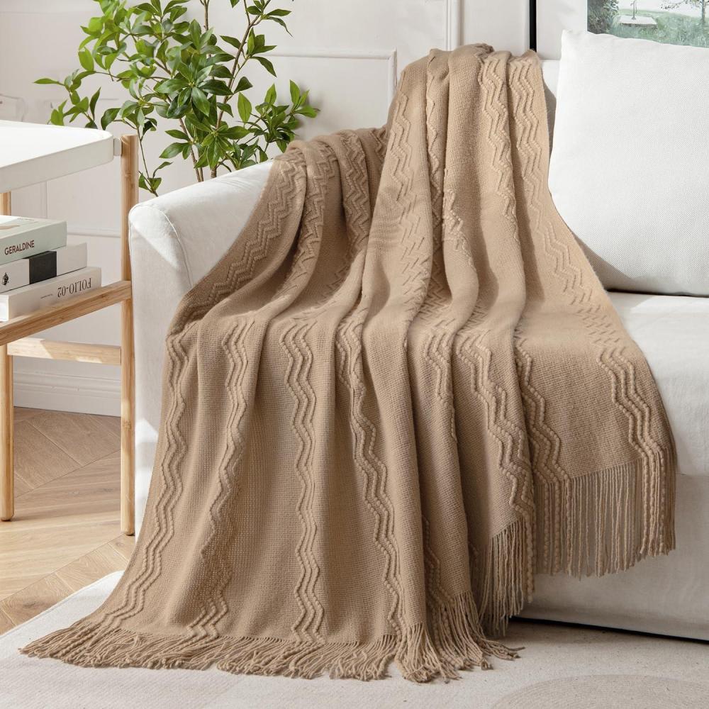 imageMIULEE Tan Taupe Knitted Throw Blanket for Couch Boho Textured Cozy Woven Blanket with Tassels for Sofa Chair Bed Living Room Farmhouse Home Decor Acrylic Wave Pattern 50quotx60quotTan Taupe