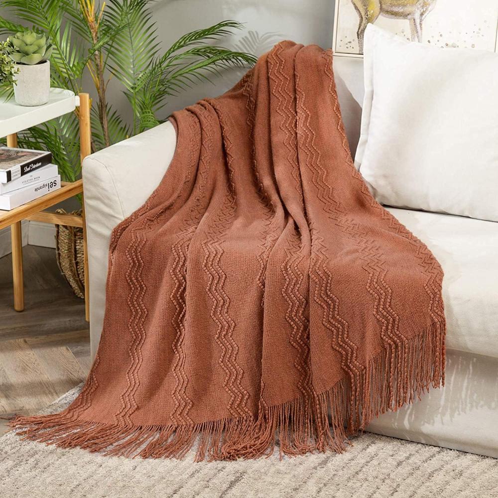 imageMIULEE Tan Taupe Knitted Throw Blanket for Couch Boho Textured Cozy Woven Blanket with Tassels for Sofa Chair Bed Living Room Farmhouse Home Decor Acrylic Wave Pattern 50quotx60quotOrange