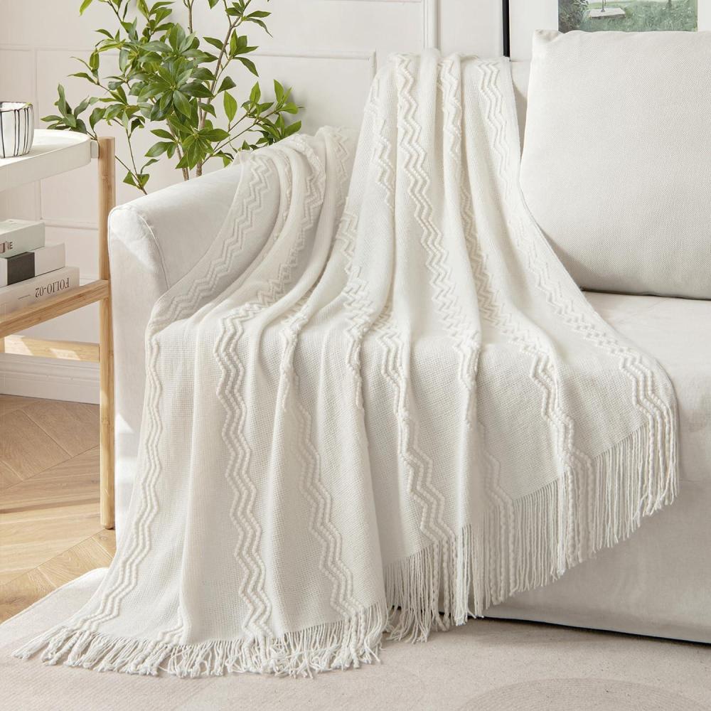 imageMIULEE Tan Taupe Knitted Throw Blanket for Couch Boho Textured Cozy Woven Blanket with Tassels for Sofa Chair Bed Living Room Farmhouse Home Decor Acrylic Wave Pattern 50quotx60quotOff White