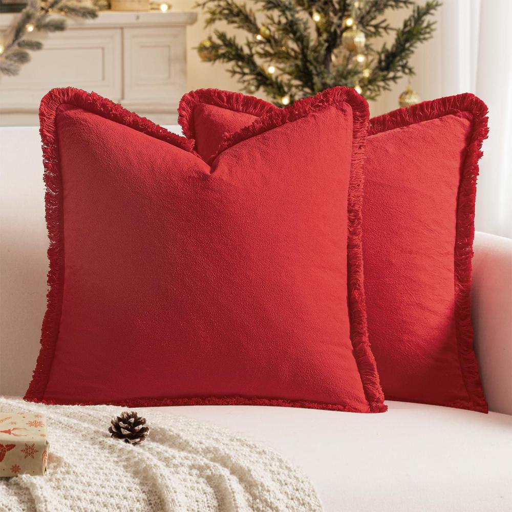 imageMIULEE Throw Pillow Covers Fall Boho Farmhouse 26x26 Set of 2 Decorative Orange Eruo Sham Couch with Fringe Chic Cotton Pillowcases Home Decor Accents for Cushion Soft Bed Living RoomChristmas Red