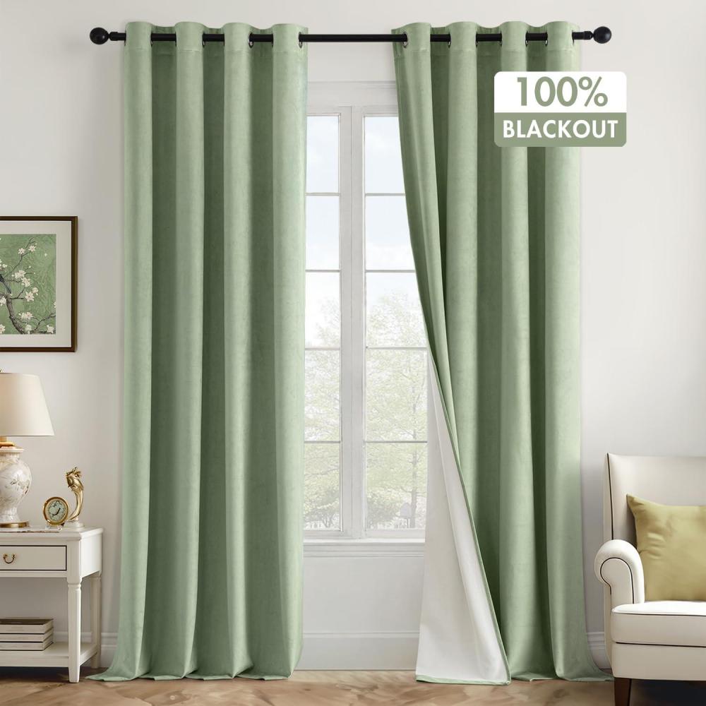 imageMIULEE Upgraded Thermal Insulated 100 Blackout Velvet Curtains for Christmas 84 Inches Long Hunter Green Curtain Drapes for Luxury Bedroom Living Room Darkening Grommet Light Blocking Set of 2Sage Green