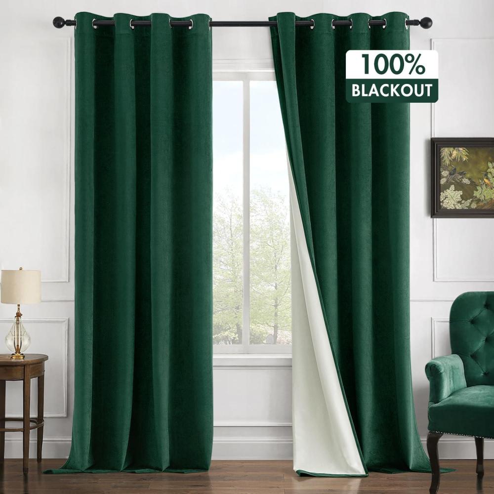 imageMIULEE Upgraded Thermal Insulated 100 Blackout Velvet Curtains for Christmas 84 Inches Long Hunter Green Curtain Drapes for Luxury Bedroom Living Room Darkening Grommet Light Blocking Set of 2Hunter Green