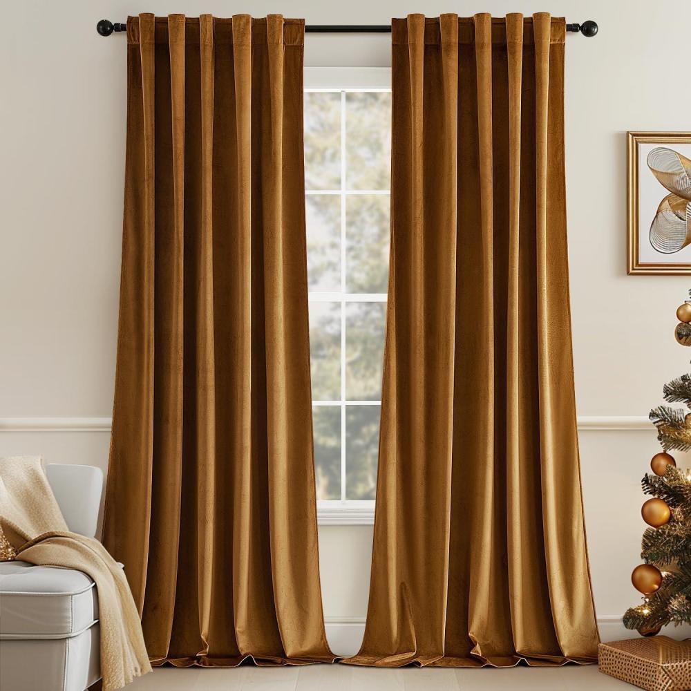 imageMIULEE Velvet Curtains 90 inches 2 Panels  Luxury Room Darkening Curtains for Bedroom Living Room Thermal Insulated Super Soft Window Drapes Rod Pocket ampamp Back Tab Olive Green W 52 x L 90 inchGolden Brown