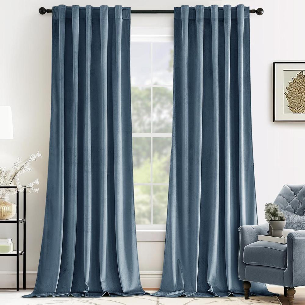 imageMIULEE Velvet Curtains 90 inches 2 Panels  Luxury Room Darkening Curtains for Bedroom Living Room Thermal Insulated Super Soft Window Drapes Rod Pocket ampamp Back Tab Olive Green W 52 x L 90 inchStone Blue