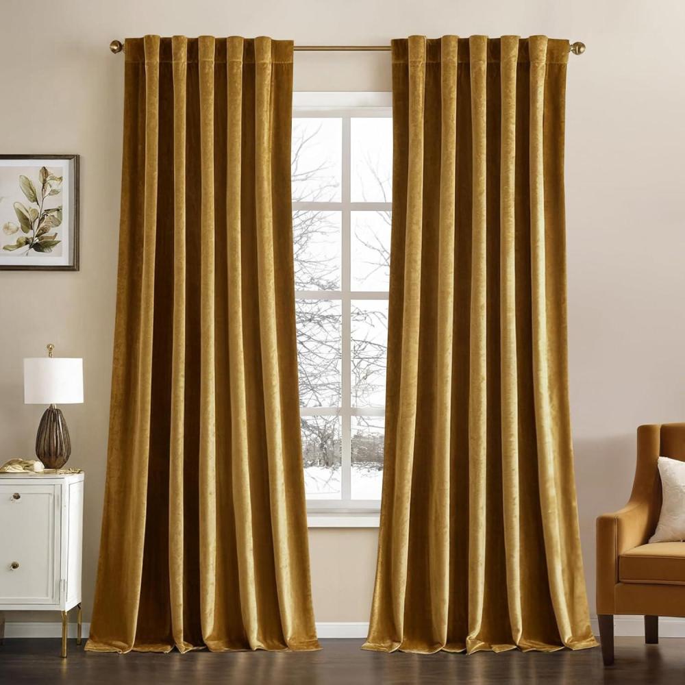 imageMIULEE Velvet Curtains 90 inches 2 Panels  Luxury Room Darkening Curtains for Bedroom Living Room Thermal Insulated Super Soft Window Drapes Rod Pocket ampamp Back Tab Olive Green W 52 x L 90 inchGold