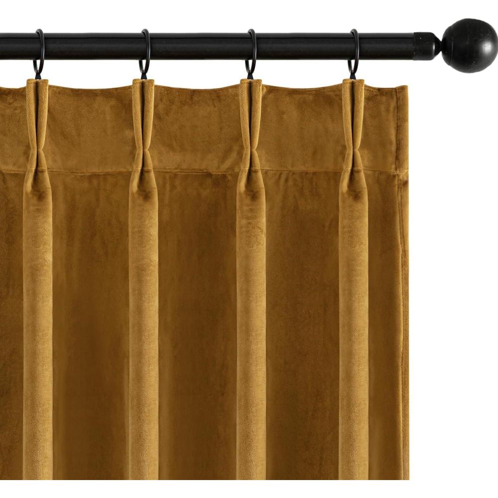 imageMIULEE Velvet Pinch Pleated Blackout Curtains 96 inches Long Gold Brown Pleat Design Thermal Insulated Luxury Window Drapes for Living Room Bedroom with Hooks Set of 2Gold