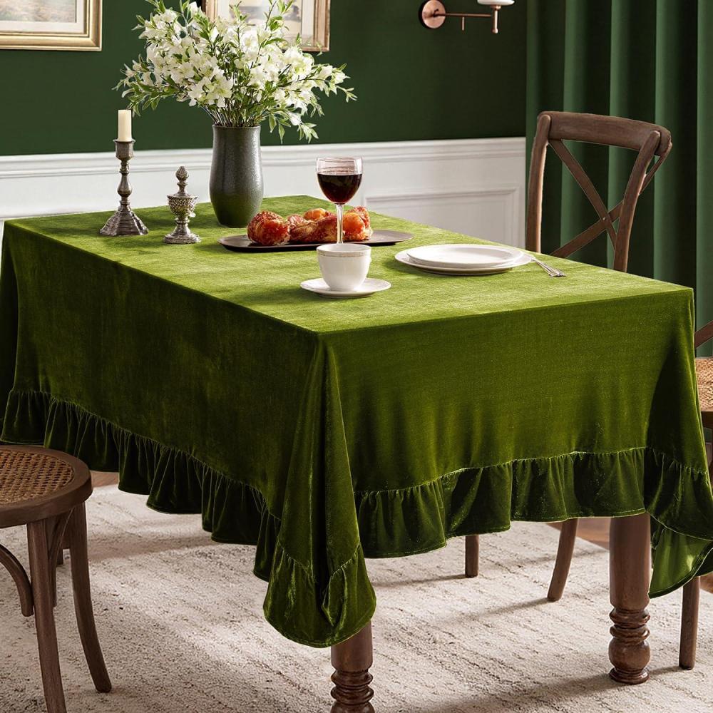 imageMIULEE Velvet Table Cloth with Decorative Ruffle Edge Luxurious Soft Washable Rectangular Tablecloth Thick WrinkleResistant Oblong Table Cover for Kitchen Dining Party Wedding 60x102 Inch Olive GreenOlive Green
