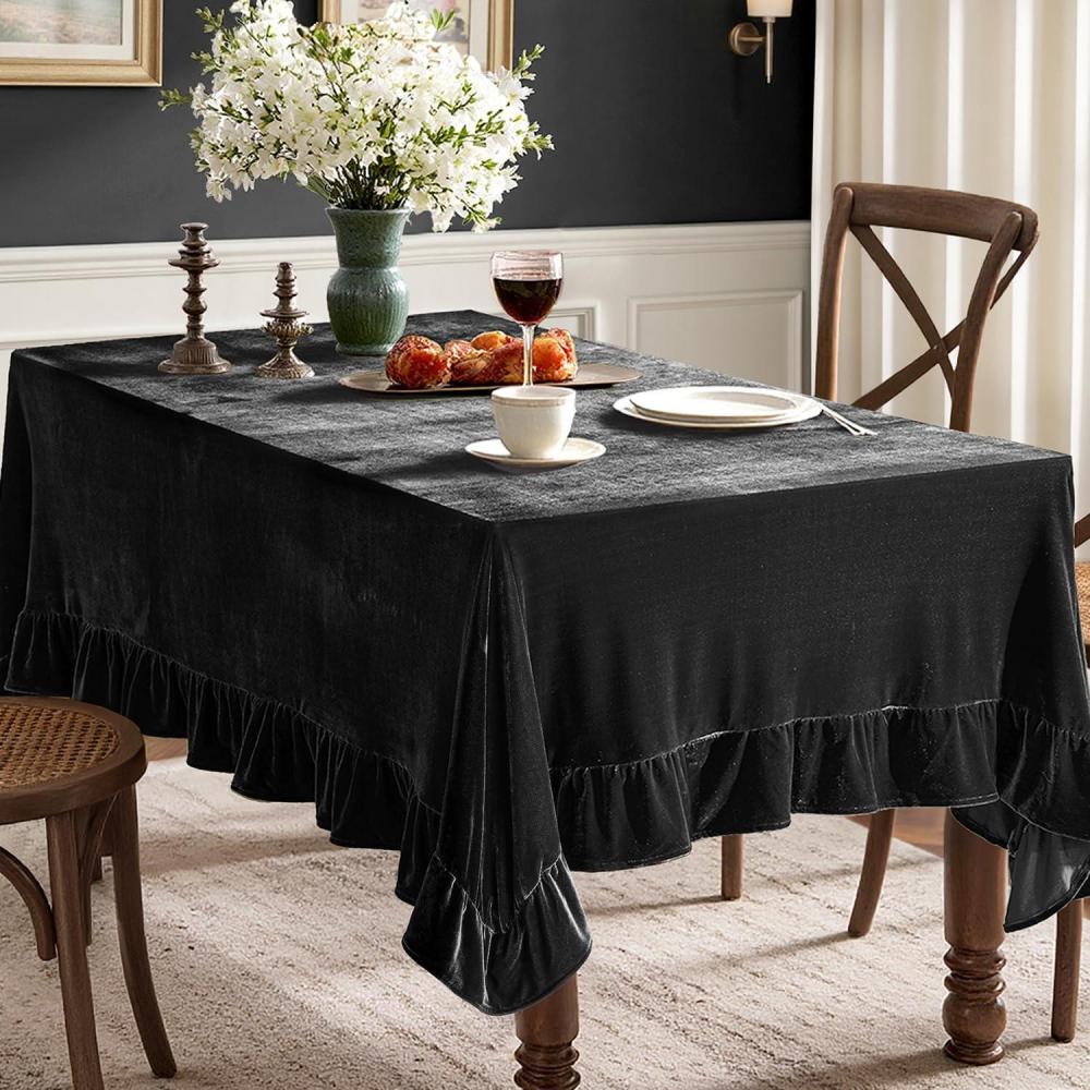 imageMIULEE Velvet Table Cloth with Decorative Ruffle Edge Luxurious Soft Washable Rectangular Tablecloth Thick WrinkleResistant Oblong Table Cover for Kitchen Dining Party Wedding 60x102 Inch Olive GreenBlack