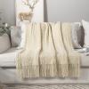 MIULEE Tan Taupe Knitted Throw Blanket for Couch Boho Textured Cozy Woven Blanket with Tassels for Sofa Chair Bed Living Room Farmhouse Home Decor Acrylic Wave Pattern 50″x60″(Beige)