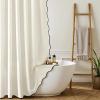 MIULEE 84″ Long Scalloped Linen Shower Curtain with 12 Metal Hooks Cute Extra Long Boho Heavy Duty Washable Waterproof Thick Cloth Curtains with Black Border for Bathroom Hotel Bathtub,Natural(White)