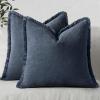 MIULEE Christmas Decorative Throw Pillow Covers Neutral Linen Fringe Throw Pillows Set of 2 Natural Beige Boho Farmhouse Cushion Covers with Tassels for Couch Sofa Bed Living Room Decor 18×18 Inch(Indigo Blue)
