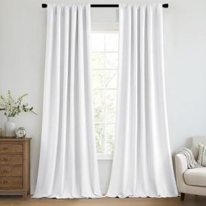 MIULEE 100% Blackout Curtains 90 Inch Long 2 Panels Set for Bedroom, Thick Luxury Faux Linen Black Out Curtain Room Darkening Back Tab Pleat Window Textured Drapes with Hooks for Living Room, Birch(Bright White)