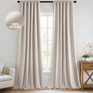 MIULEE 100% Blackout Curtains 90 Inch Long 2 Panels Set for Bedroom, Thick Luxury Faux Linen Black Out Curtain Room Darkening Back Tab Pleat Window Textured Drapes with Hooks for Living Room, Birch(Beige)