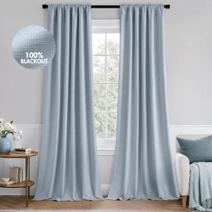 MIULEE 100% Blackout Curtains 90 Inch Long 2 Panels Set for Bedroom, Thick Luxury Faux Linen Black Out Curtain Room Darkening Back Tab Pleat Window Textured Drapes with Hooks for Living Room, Birch(Chambray Blue)