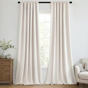 MIULEE 100% Blackout Curtains 90 Inch Long 2 Panels Set for Bedroom, Thick Luxury Faux Linen Black Out Curtain Room Darkening Back Tab Pleat Window Textured Drapes with Hooks for Living Room, Birch(Ivory)