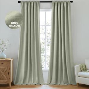 MIULEE 100% Blackout Curtains 90 Inch Long 2 Panels Set for Bedroom, Thick Luxury Faux Linen Black Out Curtain Room Darkening Back Tab Pleat Window Textured Drapes with Hooks for Living Room, Birch(Sage Green)