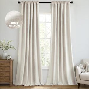 MIULEE 100% Blackout Curtains 90 Inch Long 2 Panels Set for Bedroom, Thick Luxury Faux Linen Black Out Curtain Room Darkening Back Tab Pleat Window Textured Drapes with Hooks for Living Room, Birch(Birch)