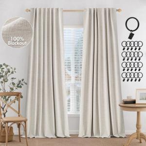 MIULEE 100% Blackout Curtains 90 inches Long, Linen Curtains for Bedroom Black Out Window Treatments Thermal Insulated Room Darkening Drapes Back Tab Rod Pocket Emerald Green Christmas Decor 2 Panels(Cream)