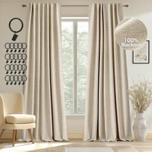 MIULEE 100% Blackout Curtains 90 inches Long, Linen Curtains for Bedroom Black Out Window Treatments Thermal Insulated Room Darkening Drapes Back Tab Rod Pocket Emerald Green Christmas Decor 2 Panels(Natural Beige)