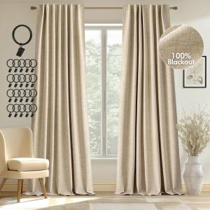 MIULEE 100% Blackout Curtains 90 inches Long, Linen Curtains for Bedroom Black Out Window Treatments Thermal Insulated Room Darkening Drapes Back Tab Rod Pocket Emerald Green Christmas Decor 2 Panels(Oatmeal)