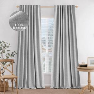 MIULEE 100% Blackout Curtains 90 inches Long, Linen Curtains for Bedroom Black Out Window Treatments Thermal Insulated Room Darkening Drapes Back Tab Rod Pocket Emerald Green Christmas Decor 2 Panels(Light Grey)