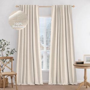 MIULEE 100% Blackout Curtains 90 inches Long, Linen Curtains for Bedroom Black Out Window Treatments Thermal Insulated Room Darkening Drapes Back Tab Rod Pocket Emerald Green Christmas Decor 2 Panels(Natural)