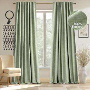 MIULEE 100% Blackout Curtains 90 inches Long, Linen Curtains for Bedroom Black Out Window Treatments Thermal Insulated Room Darkening Drapes Back Tab Rod Pocket Emerald Green Christmas Decor 2 Panels(Sage Green)