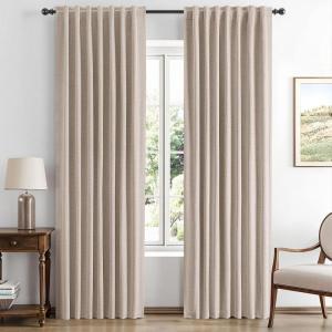 MIULEE 100% Blackout Linen Curtains for Bedroom, Christmas Emerald Green Solid Luxury Decor Thermal Insulation Room Darkening Drapes for Living Room Nursery Back Tab Rod Pocket 42 x 84 Inches 2 Panels(Beige)
