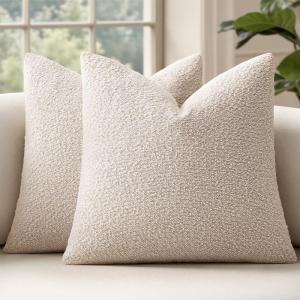 MIULEE 18×18 Inch Decorative Pillow Covers for Couch Bed Set of 2 Textured Boucle Neutral Winter Throw Pillows Orange Accent Solid Cushion Pillowcases Sofa Livingroom Home Decor(Natural Beige)