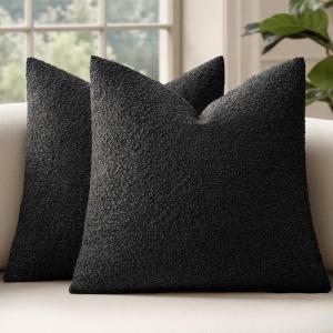 MIULEE 18×18 Inch Decorative Pillow Covers for Couch Bed Set of 2 Textured Boucle Neutral Winter Throw Pillows Orange Accent Solid Cushion Pillowcases Sofa Livingroom Home Decor(Black)