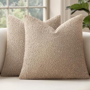 MIULEE 18×18 Inch Decorative Pillow Covers for Couch Bed Set of 2 Textured Boucle Neutral Winter Throw Pillows Orange Accent Solid Cushion Pillowcases Sofa Livingroom Home Decor(Khaki)