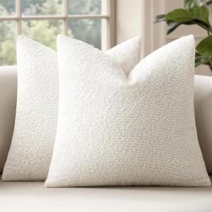 MIULEE 18×18 Inch Decorative Pillow Covers for Couch Bed Set of 2 Textured Boucle Neutral Winter Throw Pillows Orange Accent Solid Cushion Pillowcases Sofa Livingroom Home Decor(White)