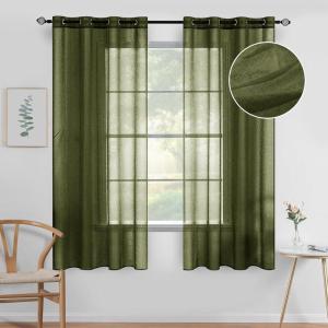 MIULEE 2 Panels Burgundy Red Semi Sheer Window Curtains Elegant Christmas Decor Grommet Top Voile Drapes Window Treatment Linen Textured Panels for Bedroom Living Room (54X84 inch Length)(Olive Green)