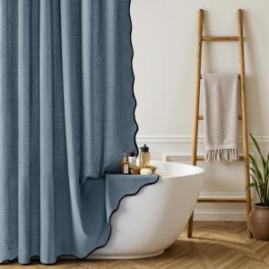 MIULEE 84″ Long Scalloped Linen Shower Curtain with 12 Metal Hooks Cute Extra Long Boho Heavy Duty Washable Waterproof Thick Cloth Curtains with Black Border for Bathroom Hotel Bathtub,Natural(Dusty Blue)